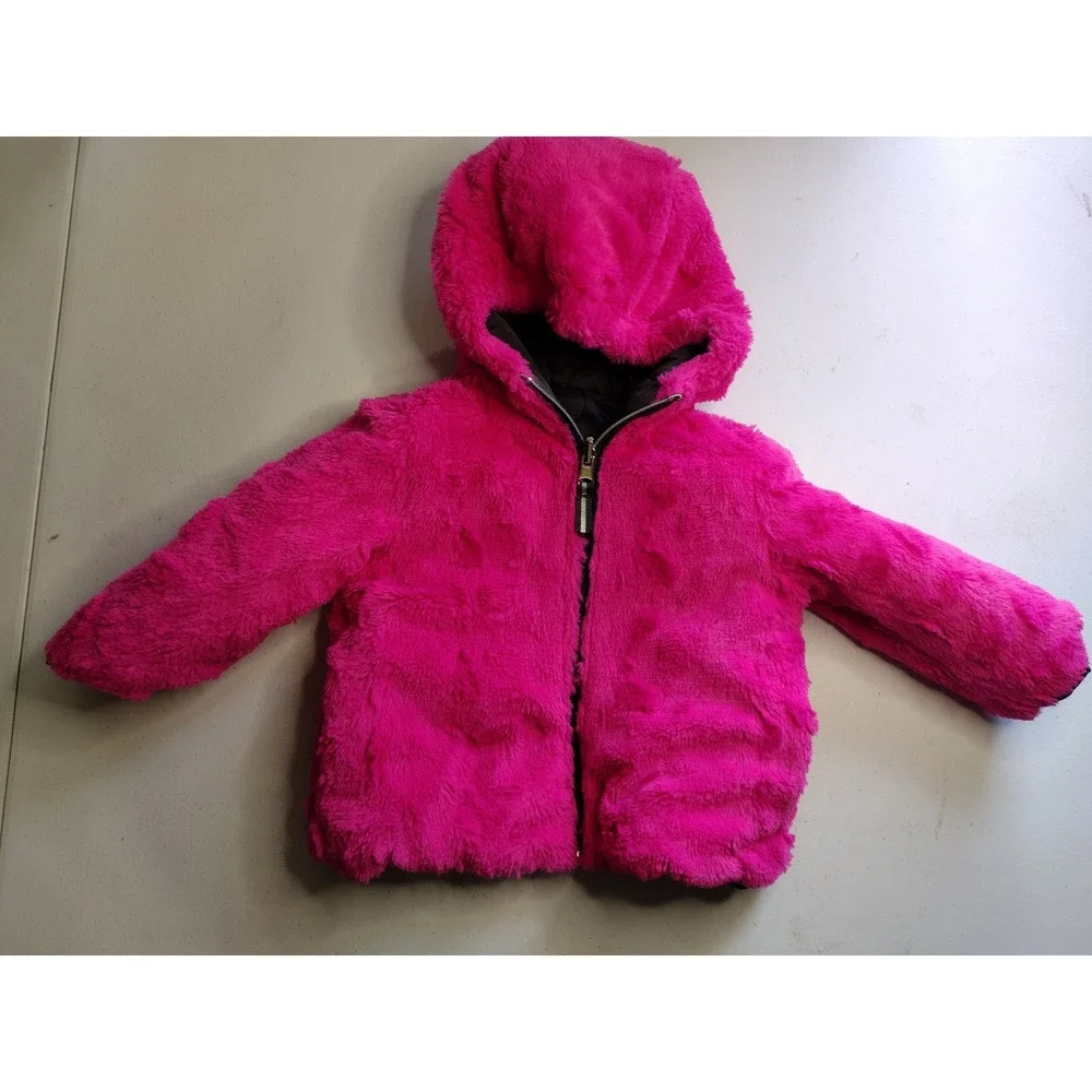 Pistachio Girls Reversible Puffer Jacket Gray Pink Faux Fur Hooded‎ Kids 2t